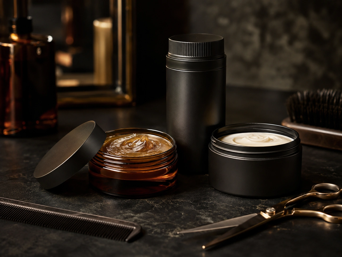 Productos de peinado masculino como pomadas, ceras y polvos de volumen