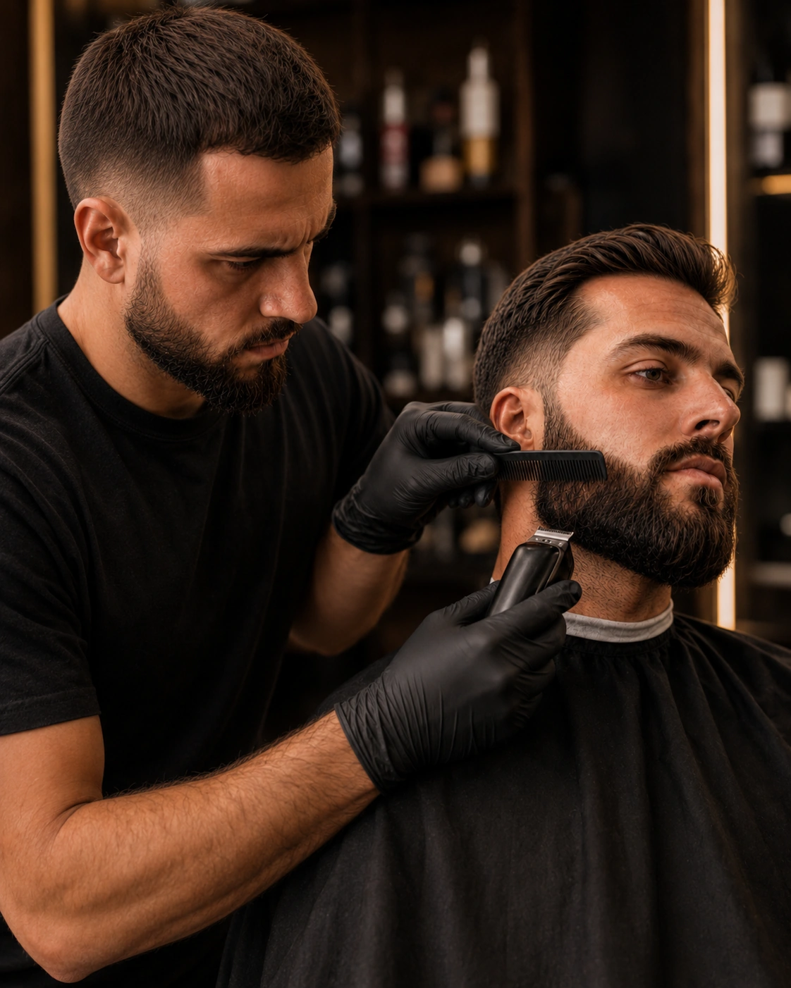 Barbero realizando un retoque y perfilado de barba